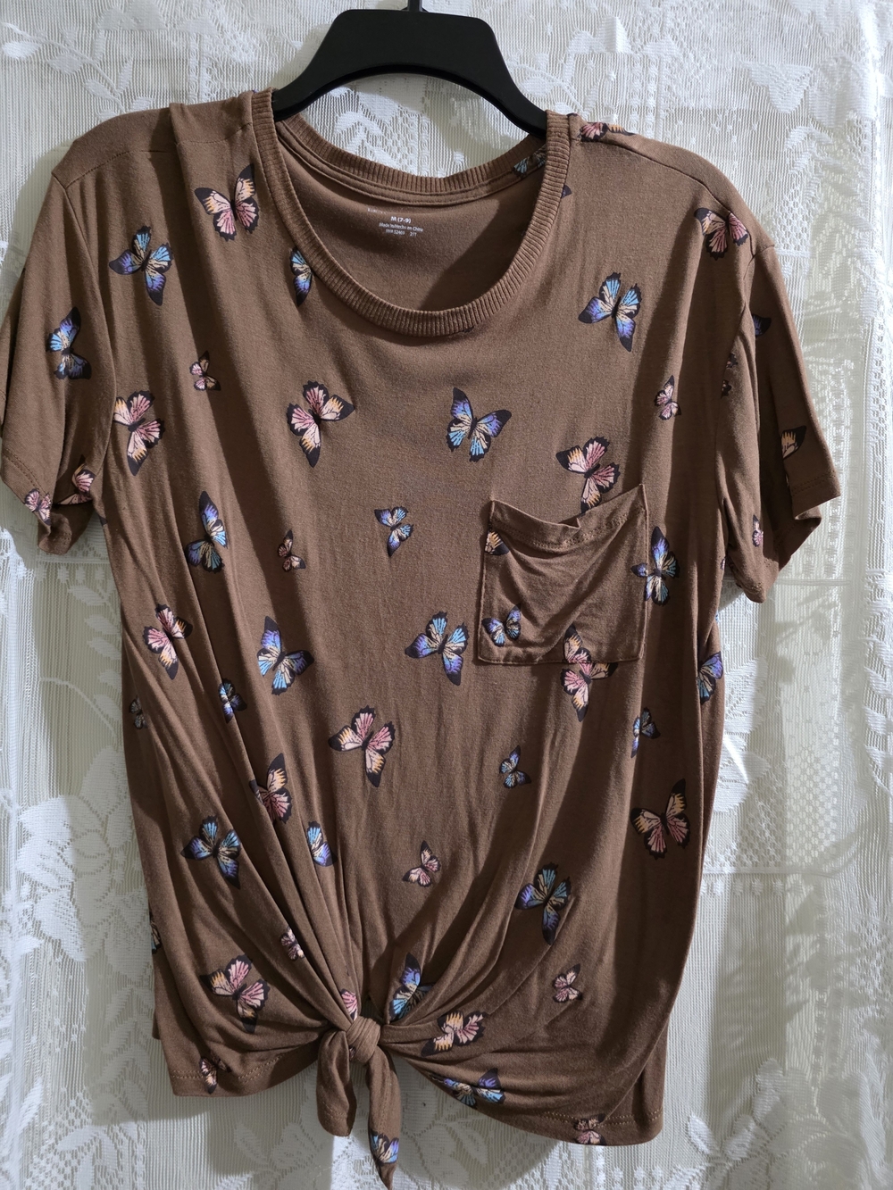No Boundaries Brown Butterfly Tie-Front Pocket Tee